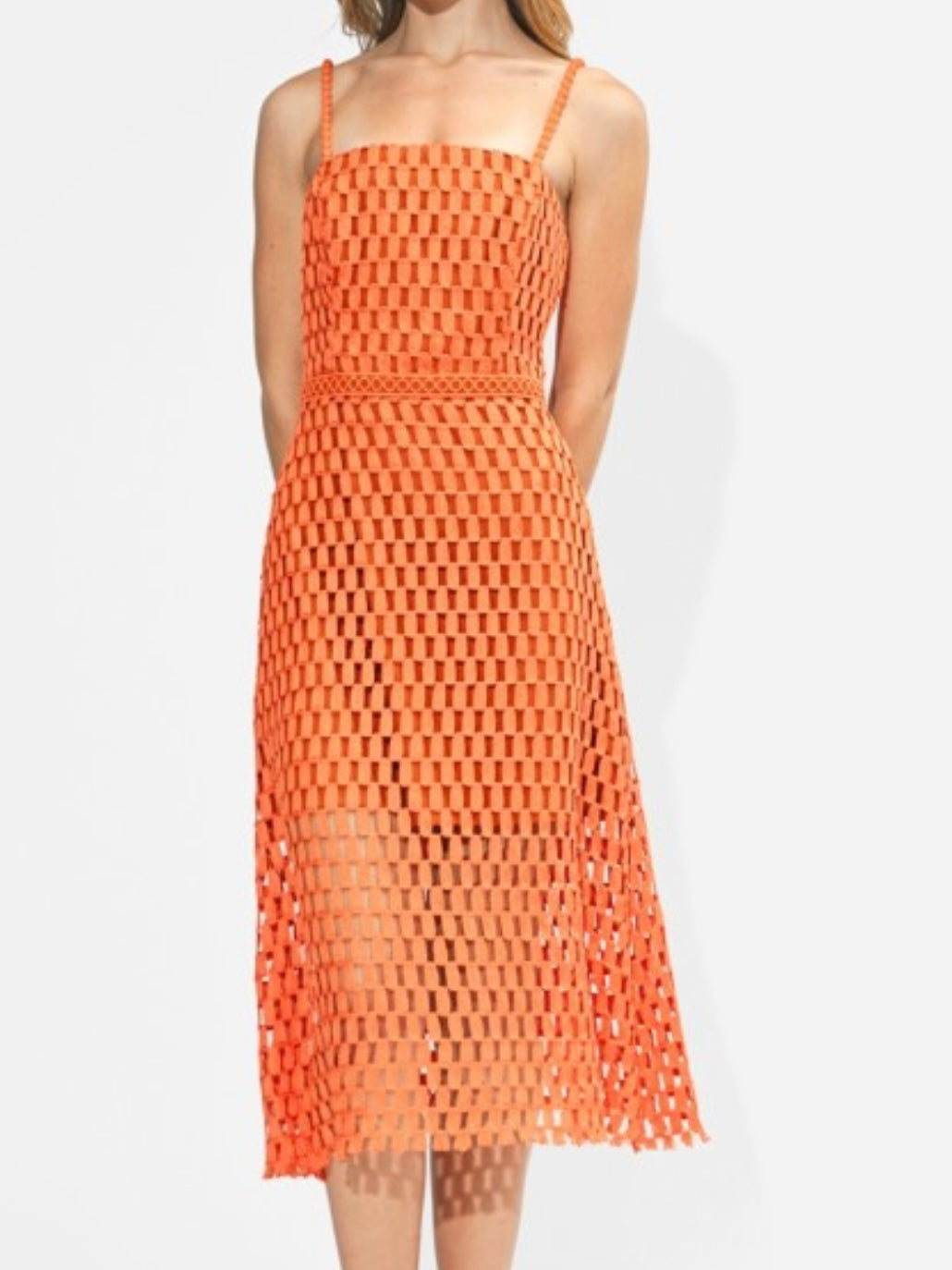 Exquisite Orange Crochet Midi Dress with Spaghetti Straps