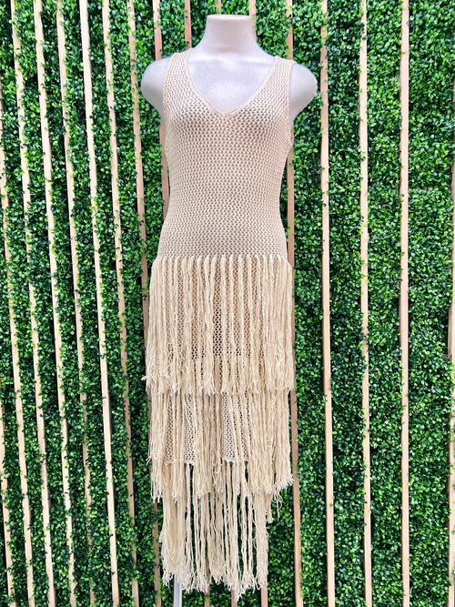 Natural Knit Layered Fringe Dress