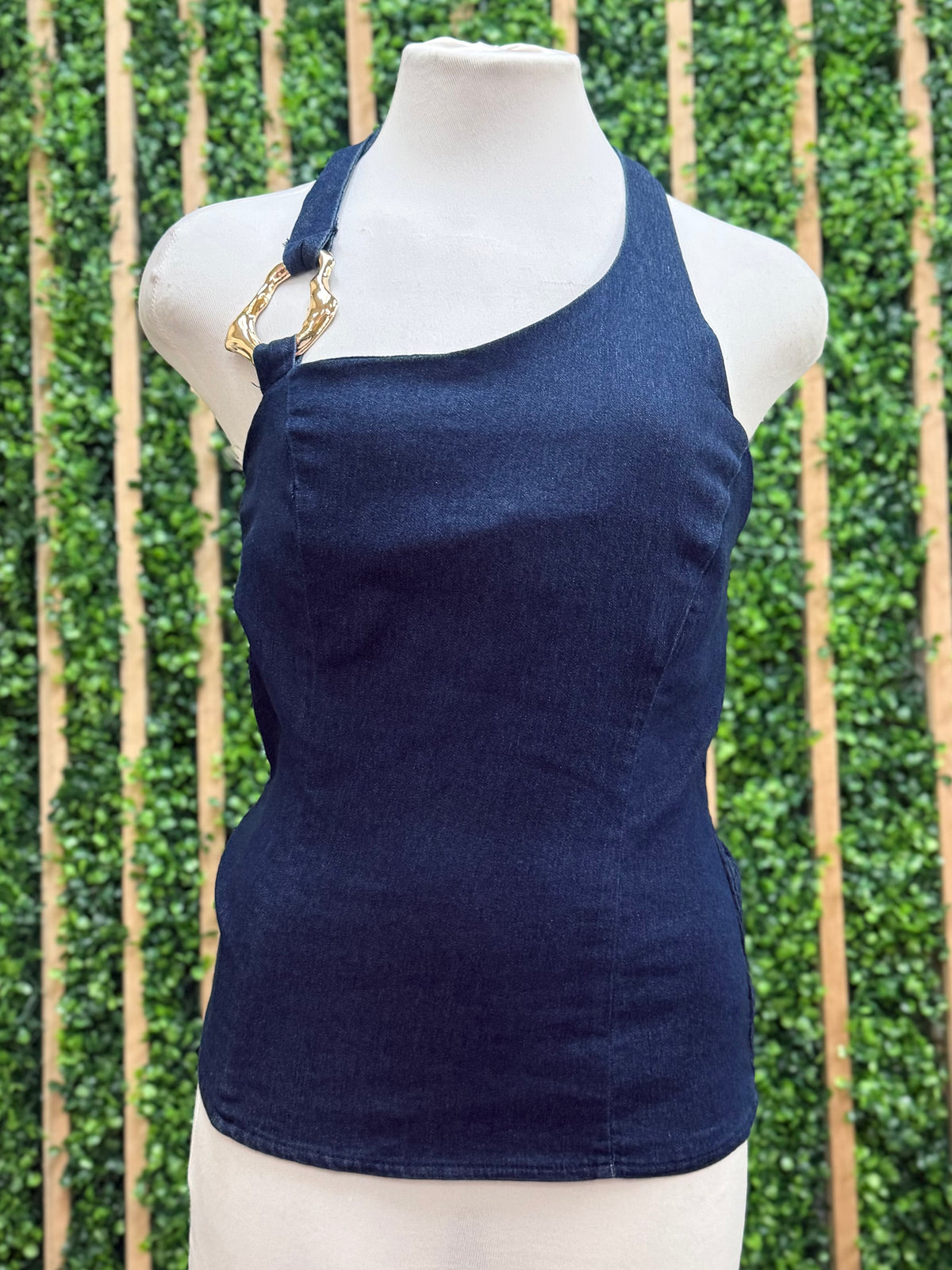 Buckle Detail Dark Denim Fitted Top