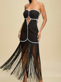 Beautiful Black Strapless Fringe Linen Midi Dress