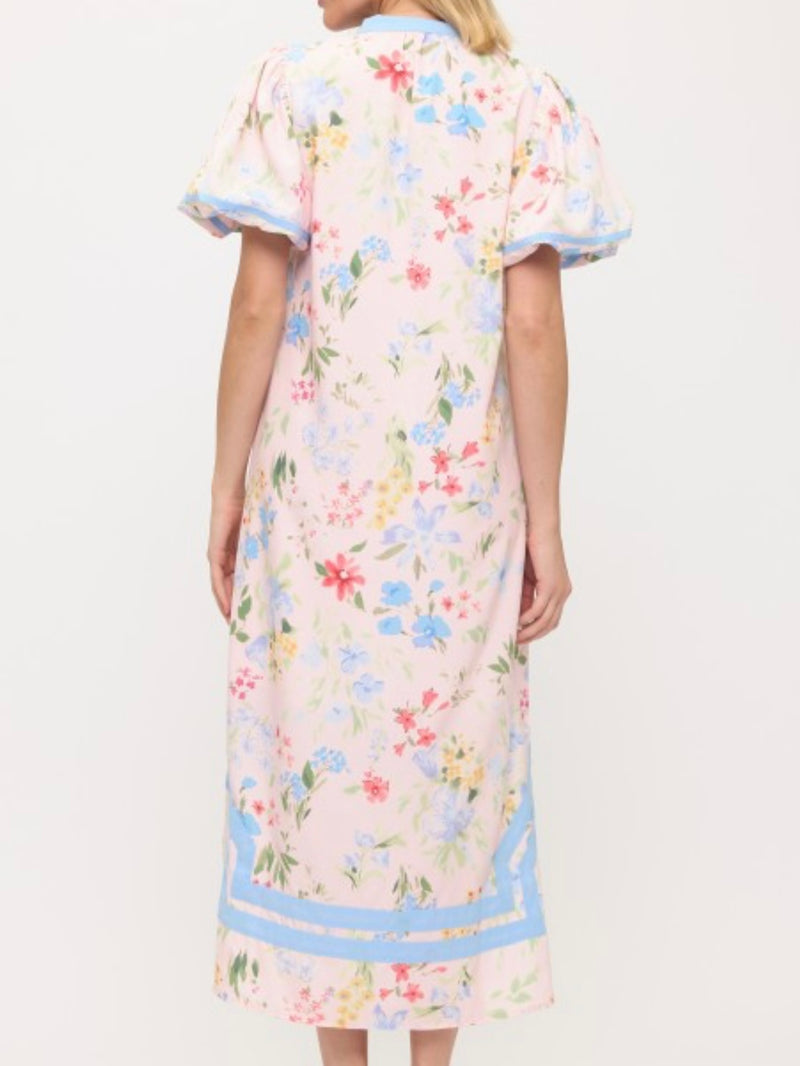 Blue Trim Pastel Puff Sleeve Floral Midi Dress