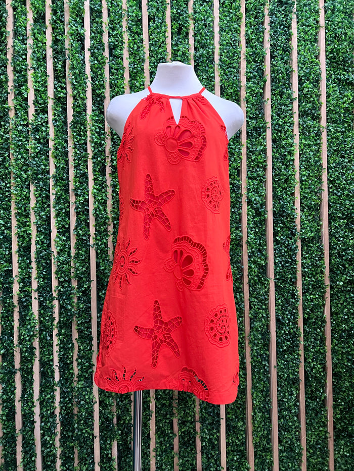 Eyelet Beach Detail Halter Short Dress