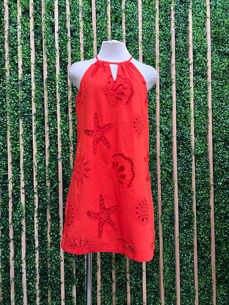 Eyelet Beach Detail Halter Short Dress