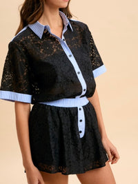 Black Lace Blue Stripe Trim Short Pant Set