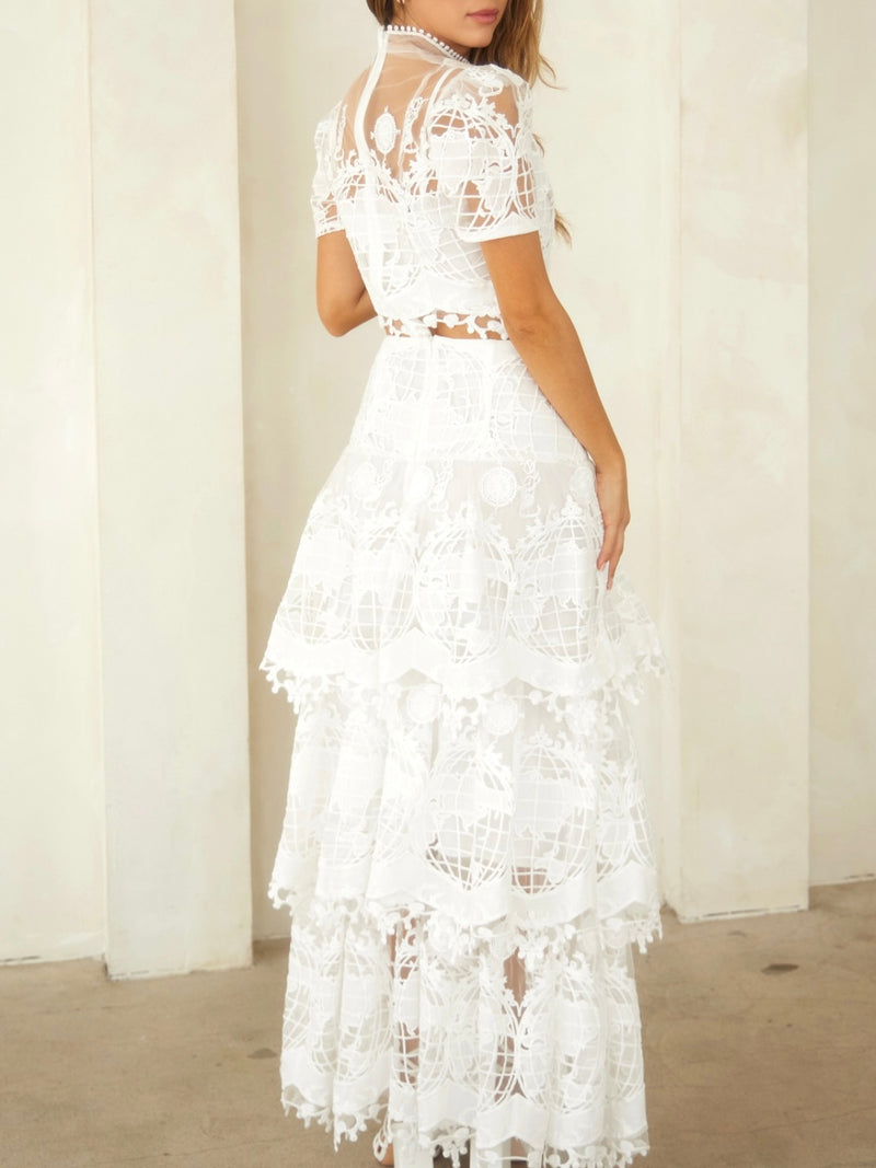 Exquisite White Lace Tiered Maxi Skirt