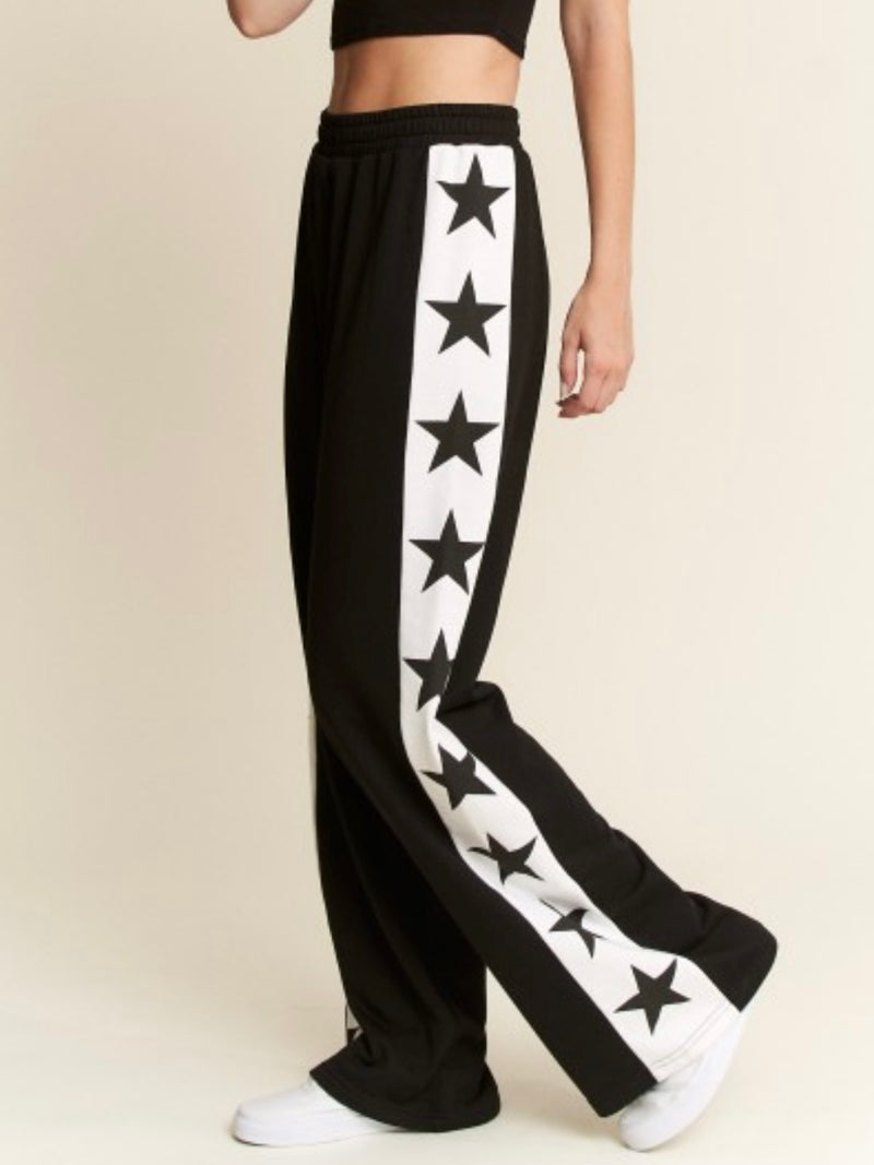 Black Side Star Trim Wide Leg Pant