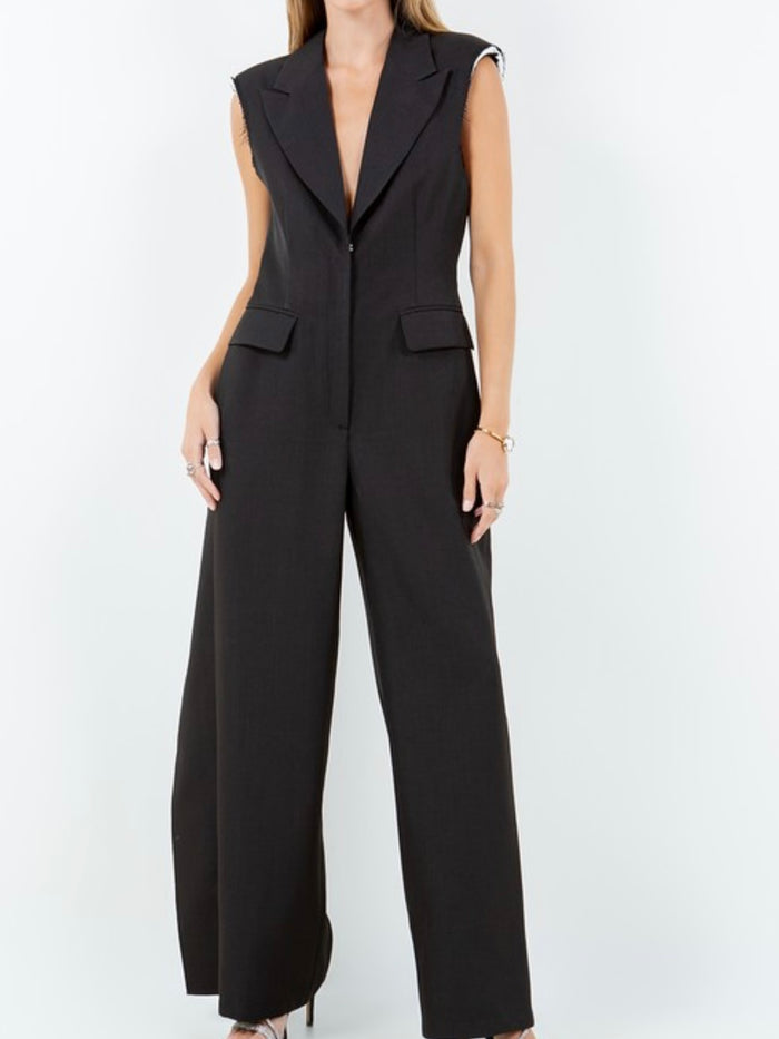 Black Exquisite Sleeveless Collared Jumpsuit