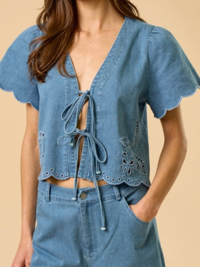 Denim Front Tie Embroidered Short Sleeve Vest