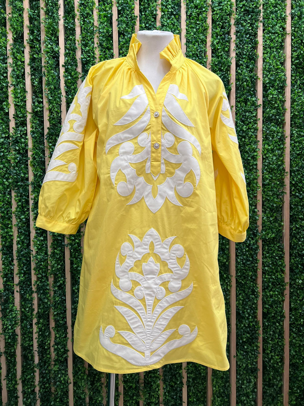 Embroidered Yellow Long Balloon Short Sleeve Short Dress