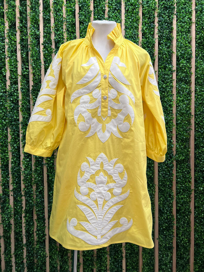 Embroidered Yellow Long Balloon Short Sleeve Short Dress