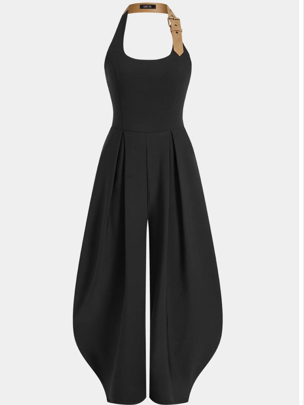 Black Halter Barrel Jumpsuit with Faux Leather Buckle Strap