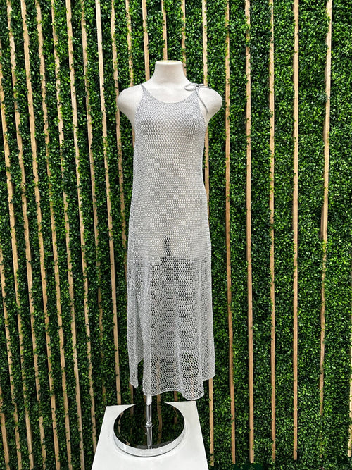Silver Knitted ShoulderTie Maxi Dress
