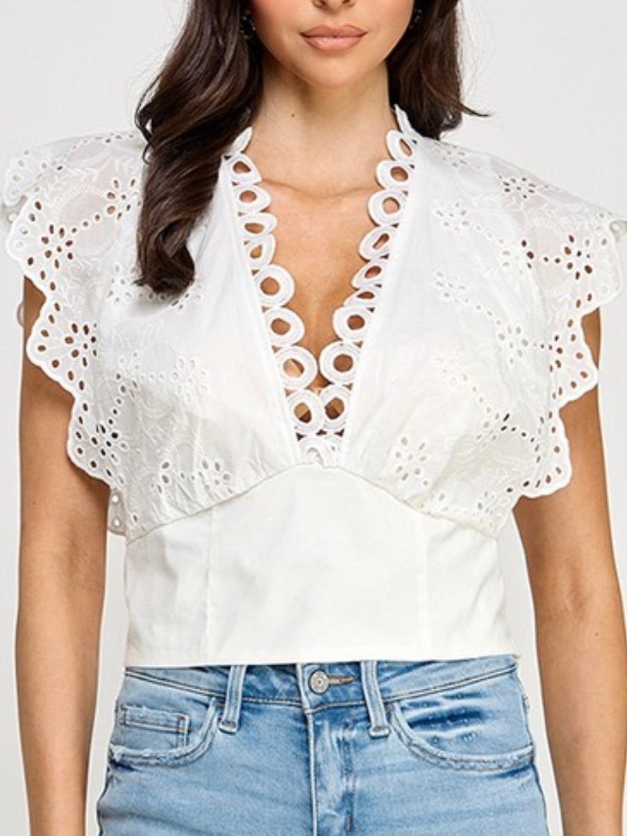 White Eyelet Detail v Neck Crop Top