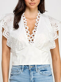 White Eyelet Detail v Neck Crop Top
