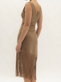 Mocha Fringe Midi Dress V-Neck Sleeveless Dress