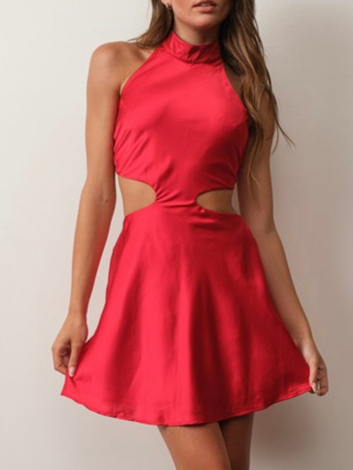 Red Satin Cutout Short Dress