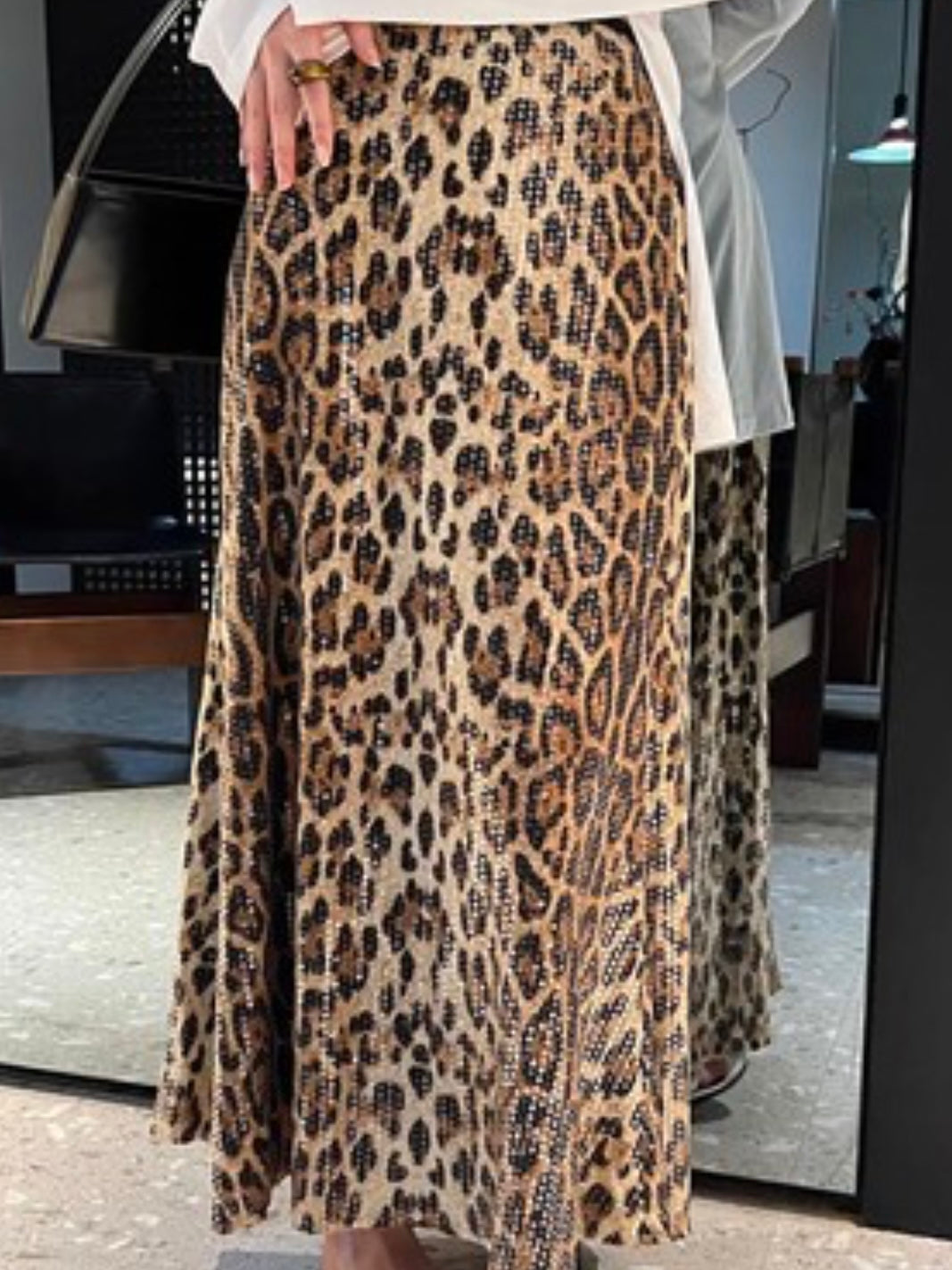 Brown Sequin Leopard Midi Skirt