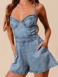 Lace Up Back Denim Bustier Romper