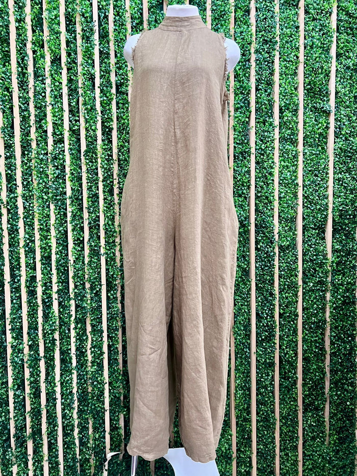 High Neck Caramel Loose Fit Linen Jumpsuit