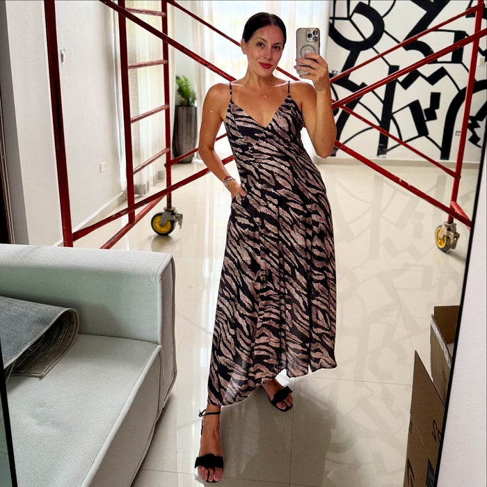 Charcoal Animal Print Open Back Maxi Dress