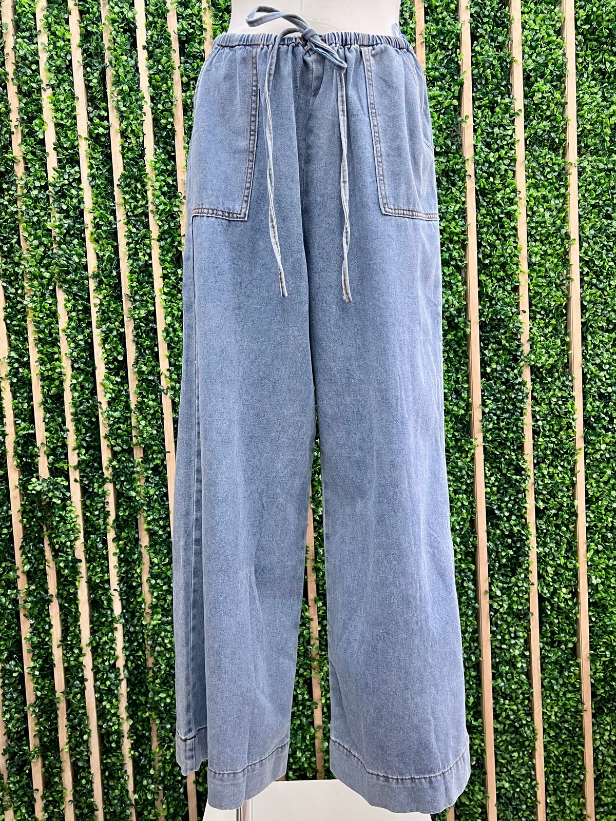Light Blue Elastic Waist Washed Denim Pants