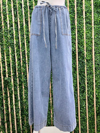 Light Blue Elastic Waist Washed Denim Pants