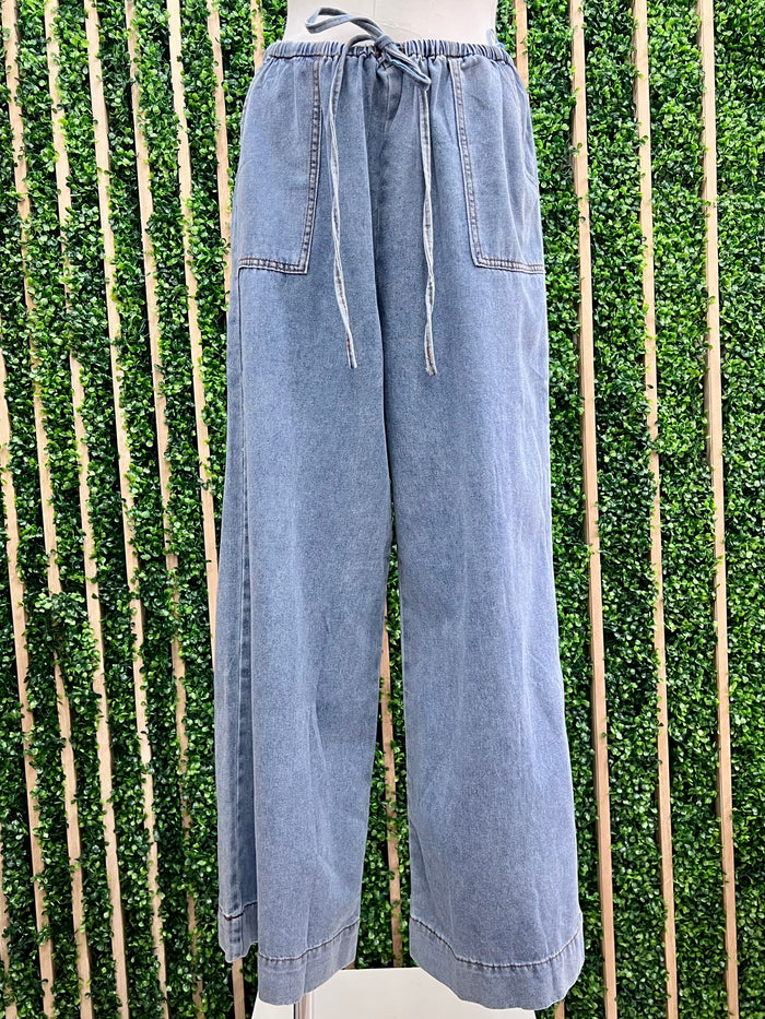 Light Blue Elastic Waist Washed Denim Pants