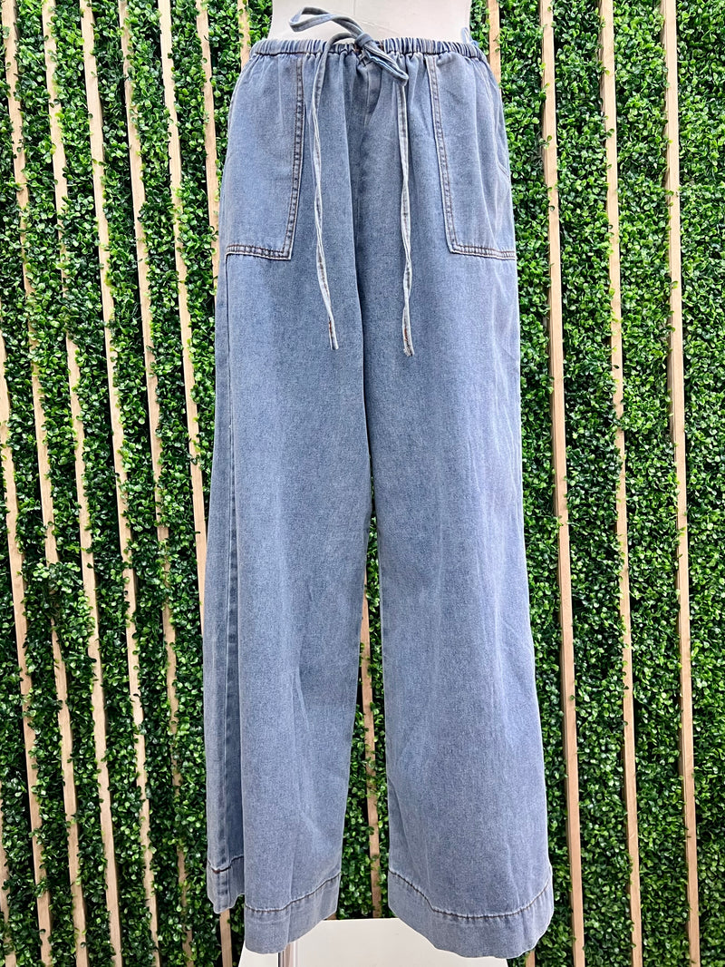 Light Blue Elastic Waist Washed Denim Pants