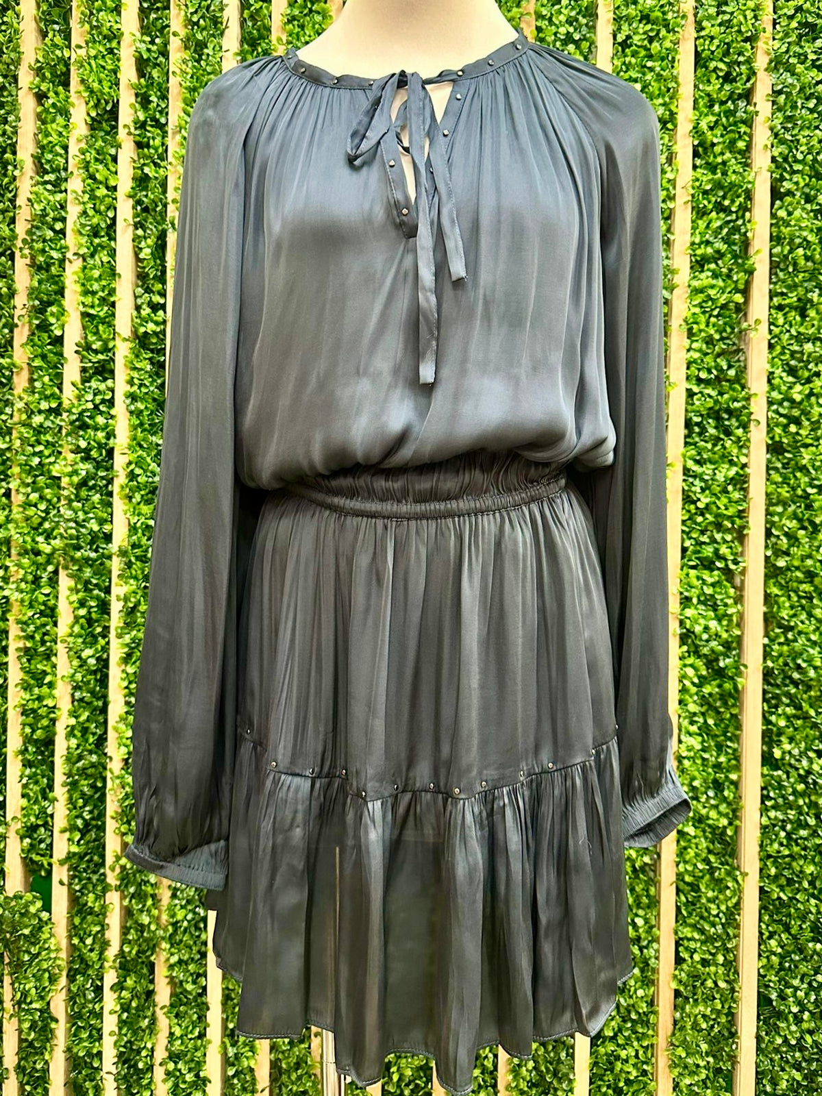 Navy Stud Trim Split Neck Short Dress