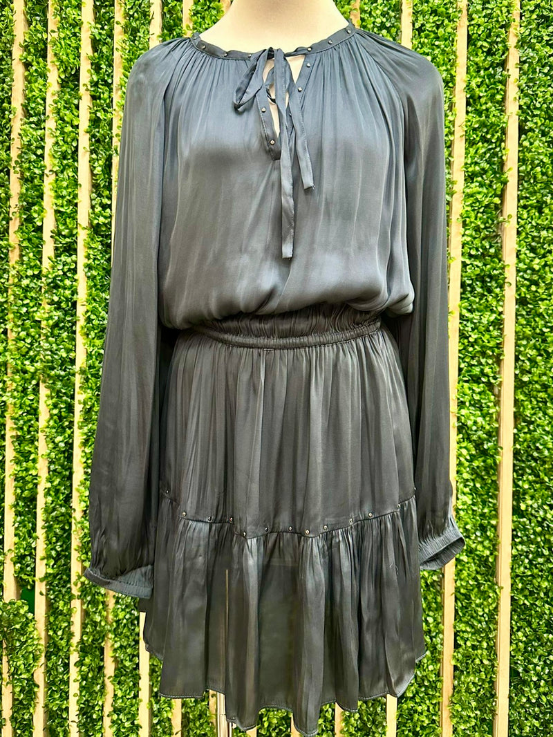 Navy Stud Trim Split Neck Short Dress