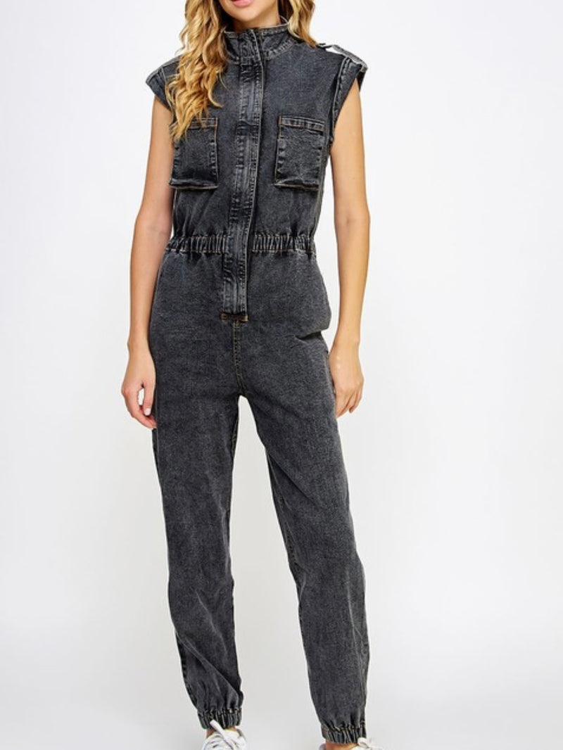 Black High Neck Denim Jumpsuit