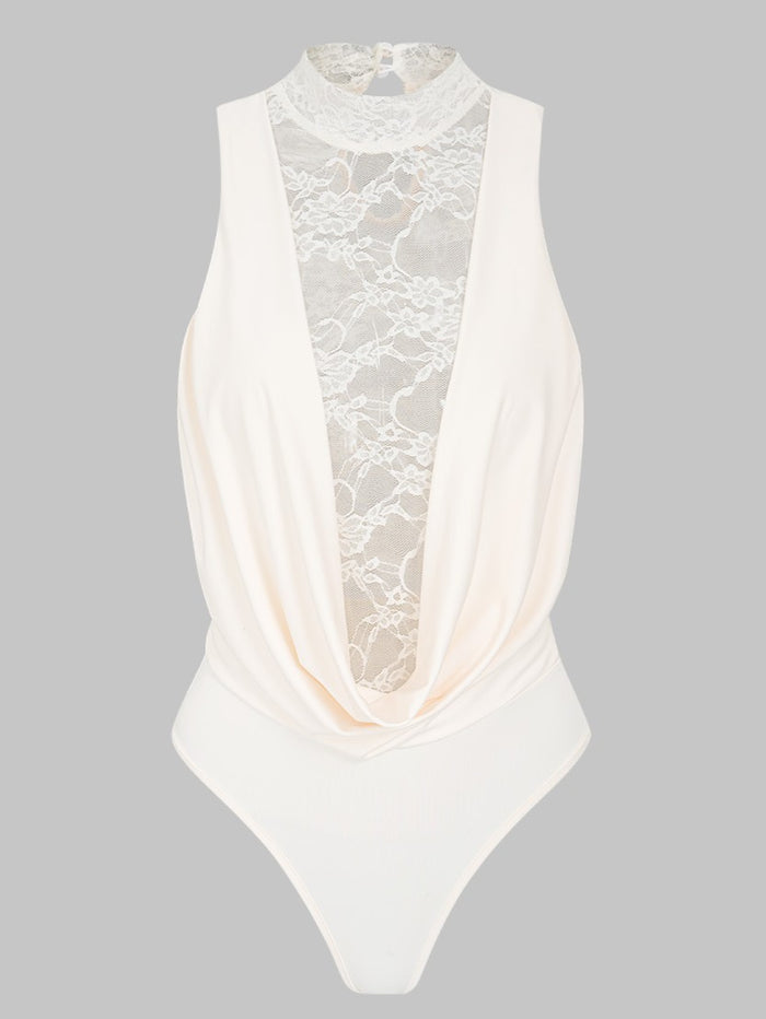 Ivory Lace Mock Neck Draped Bodysuit