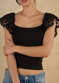 Eyelet Puff-sleeve Crop Top