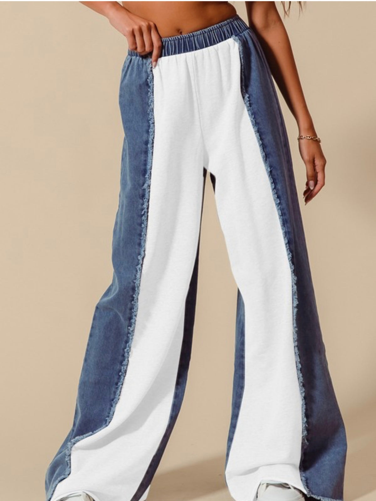 Distressed Contrast Wide Leg Denim