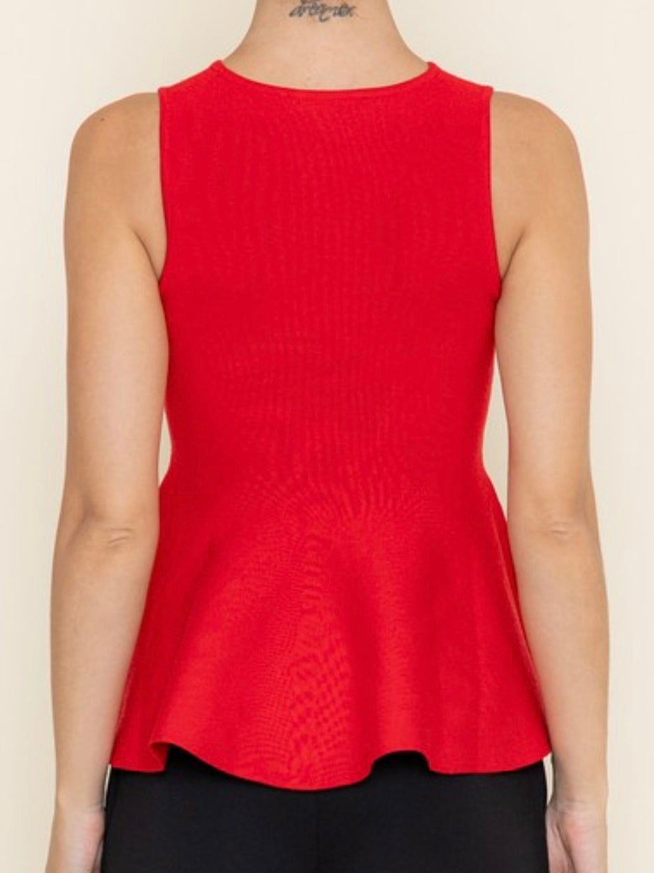 Red Knit Sleeveless Peplum Top