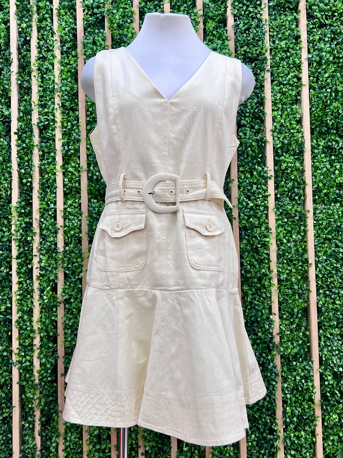 V NEck Belted Ruffle Hem Short Dress