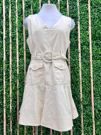 V NEck Belted Ruffle Hem Short Dress