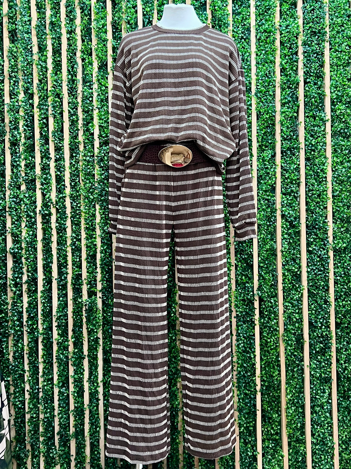 Chocolate & Ivory Striped Knit Top and Wide-Leg Pants Set