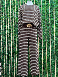 Chocolate & Ivory Striped Knit Top and Wide-Leg Pants Set