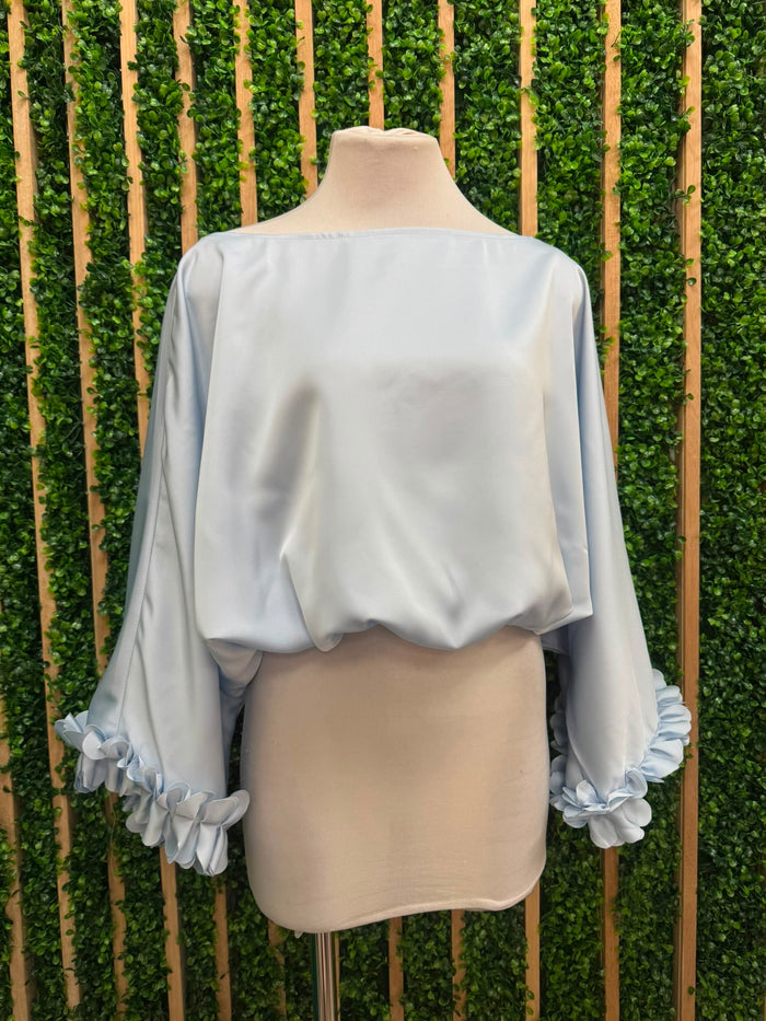 Light Blue Floral Cuff Bubble Blouse