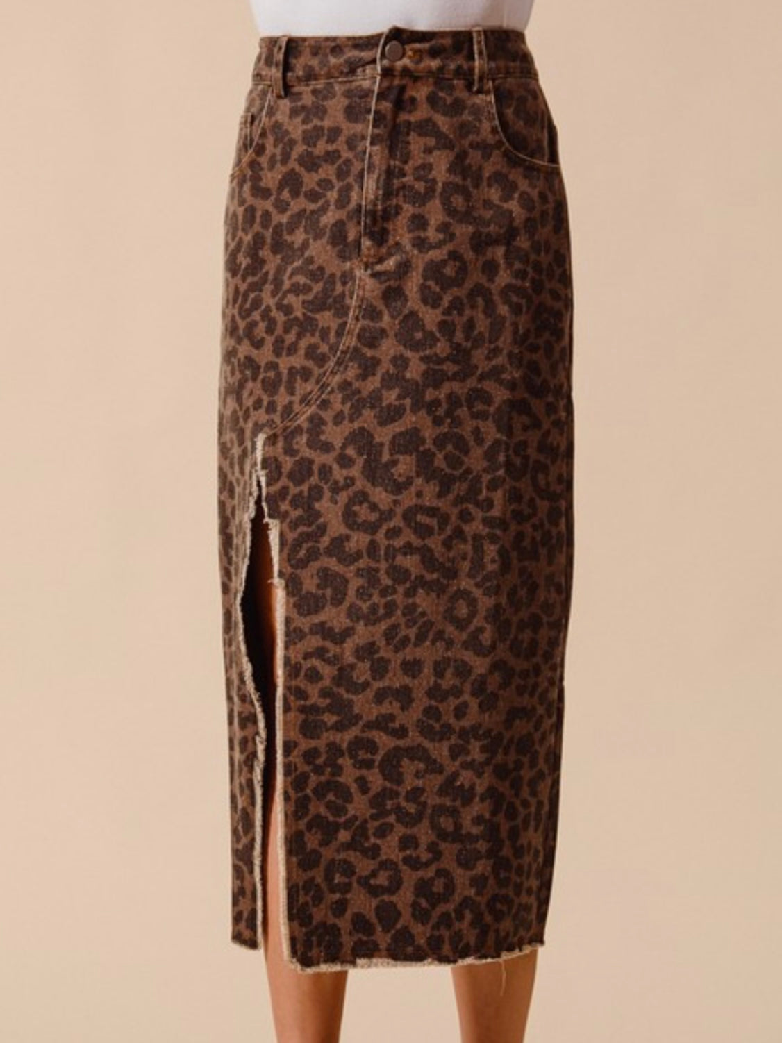 Brown Leopard Side SLit Denim Midi Skirt