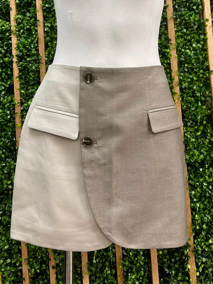 Grey Beige Color Block Short Skirt