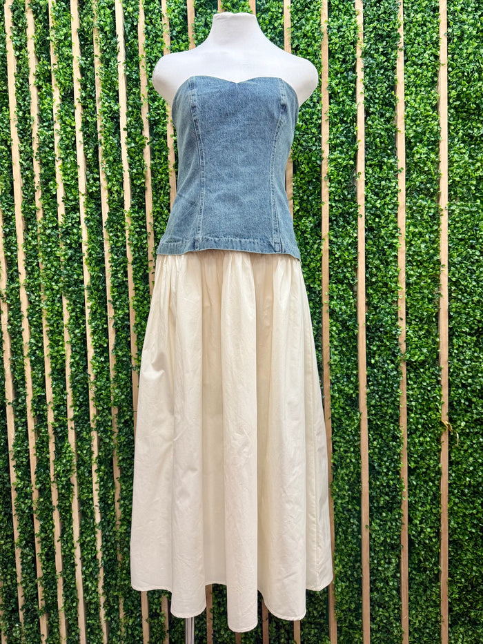 Denim Bodice Midi Dress with Sweetheart Neckline
