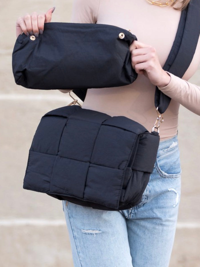 Cross Weave Fold Over Puffer Crossbody with Pouch