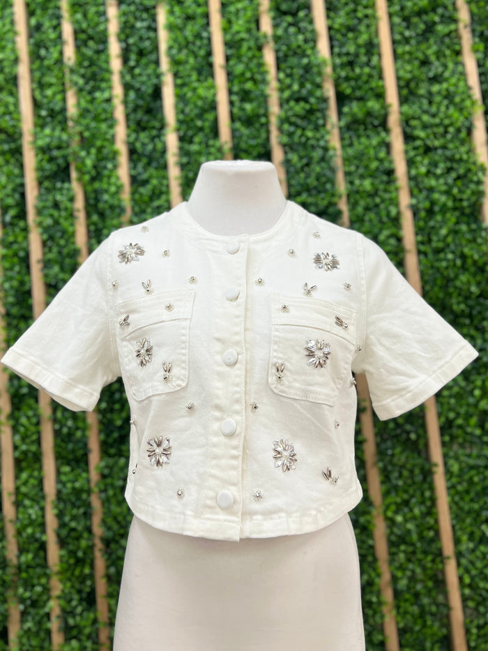 Beaded Denim Crop Blouse