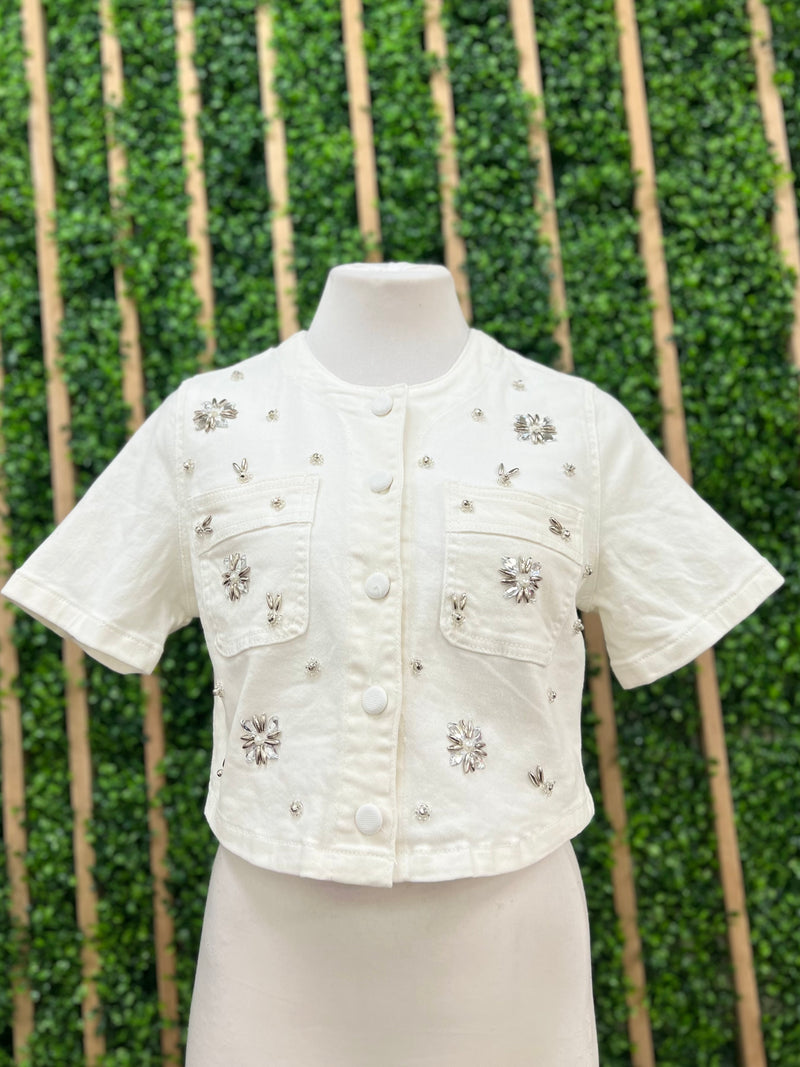 Beaded Denim Crop Blouse