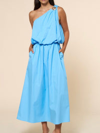 Azure One-Shoulder Goddess Maxi Dress