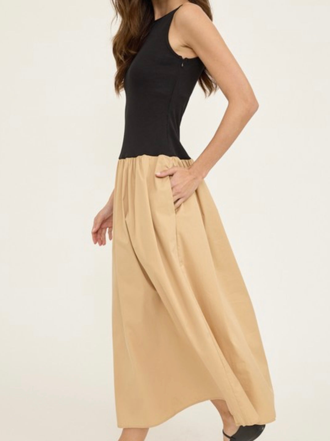 Black Beige Drop Waist Midi Dress