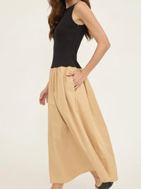 Black Beige Drop Waist Midi Dress