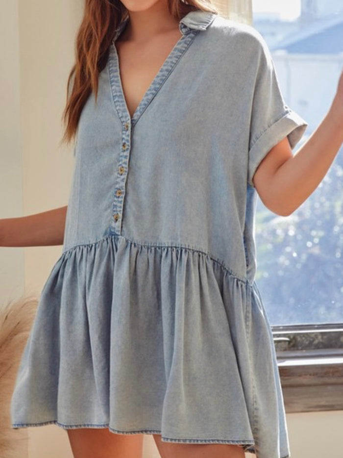 V Neck Drop Waist Denim Dress